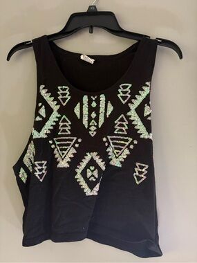 PINK Victoria's Secret Black Tank with Iridescent Sequin Aztec Design